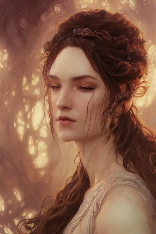 Image similar to up close portrait of a beautiful fae, d & d, face, fantasy, intricate, elegant, highly detailed, digital painting, artstation, concept art, smooth, sharp focus, illustration, art by artgerm and greg rutkowski and alphonse mucha