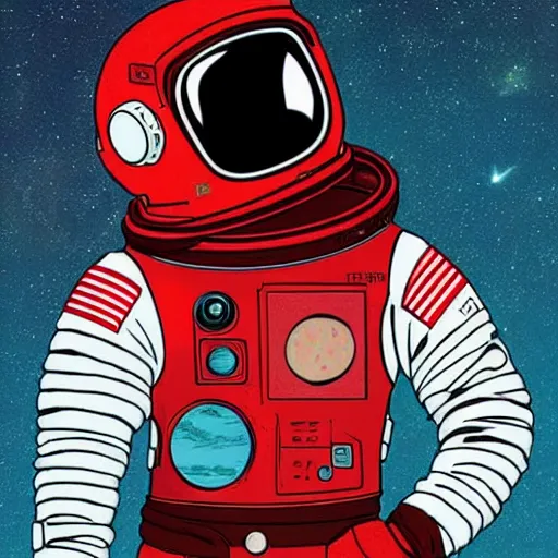 Prompt: retro space explorer portraits. red astronaut suit. josan gonzalez