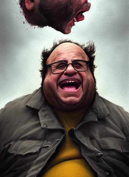 Image similar to Portrait of Fat Danny Devito with his belly sticking out as The Wolverine (2013), Hes screaming at the rain in the middle of the night road on his knees, He has Wolverine Claws, realistic, detailed, 4k by Greg Rutkowski Mark Arian trending on artstation