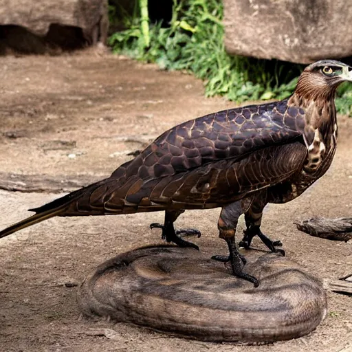 Prompt: hawk and anaconda morphed together, half anaconda half hawk, reptilian and avian features, real photo taken in zoo, highly detailed