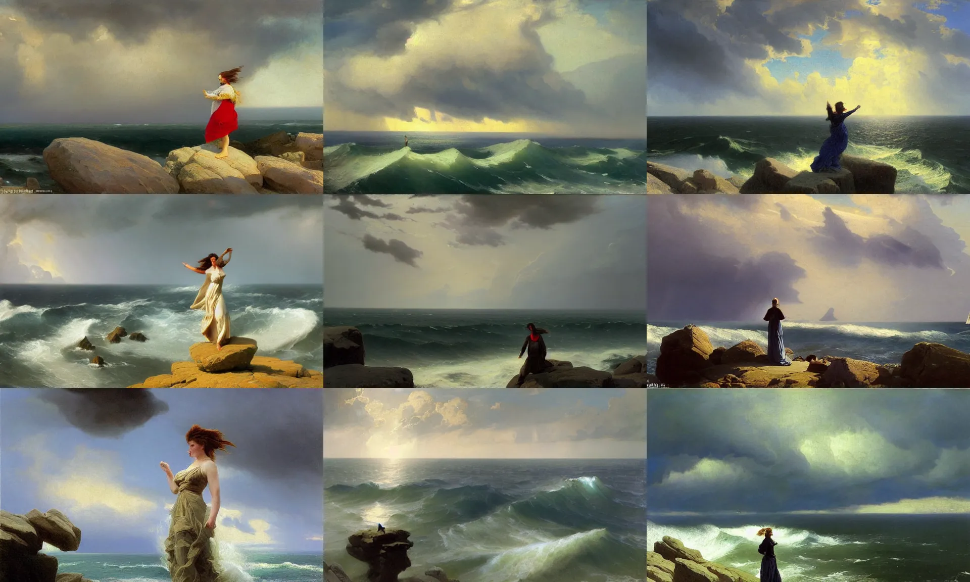 Prompt: stormy sky, extremely strong wind, cumulonimbus, woman in dress figure standing on the stones, realism, view from above on seascape, artwork by christopher blossom and frederick judd waugh and Russ Kramer and ivan aivazovsky and isaac levitan