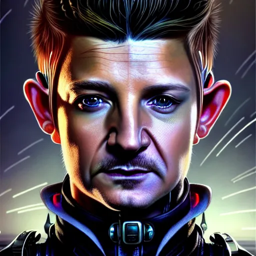 Prompt: portrait painting of a cyberpunk elven policeman who looks like jeremy renner, ultra realistic, concept art, intricate details, eerie, highly detailed, photorealistic, octane render, 8 k, unreal engine. art by artgerm and greg staples and elsa beskow and brian froud and jessica rossier