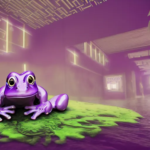 Prompt: a purple frog in a strange place ; dark and scary ; hi - tech ; vaporwave ; unreal engine, wide angle