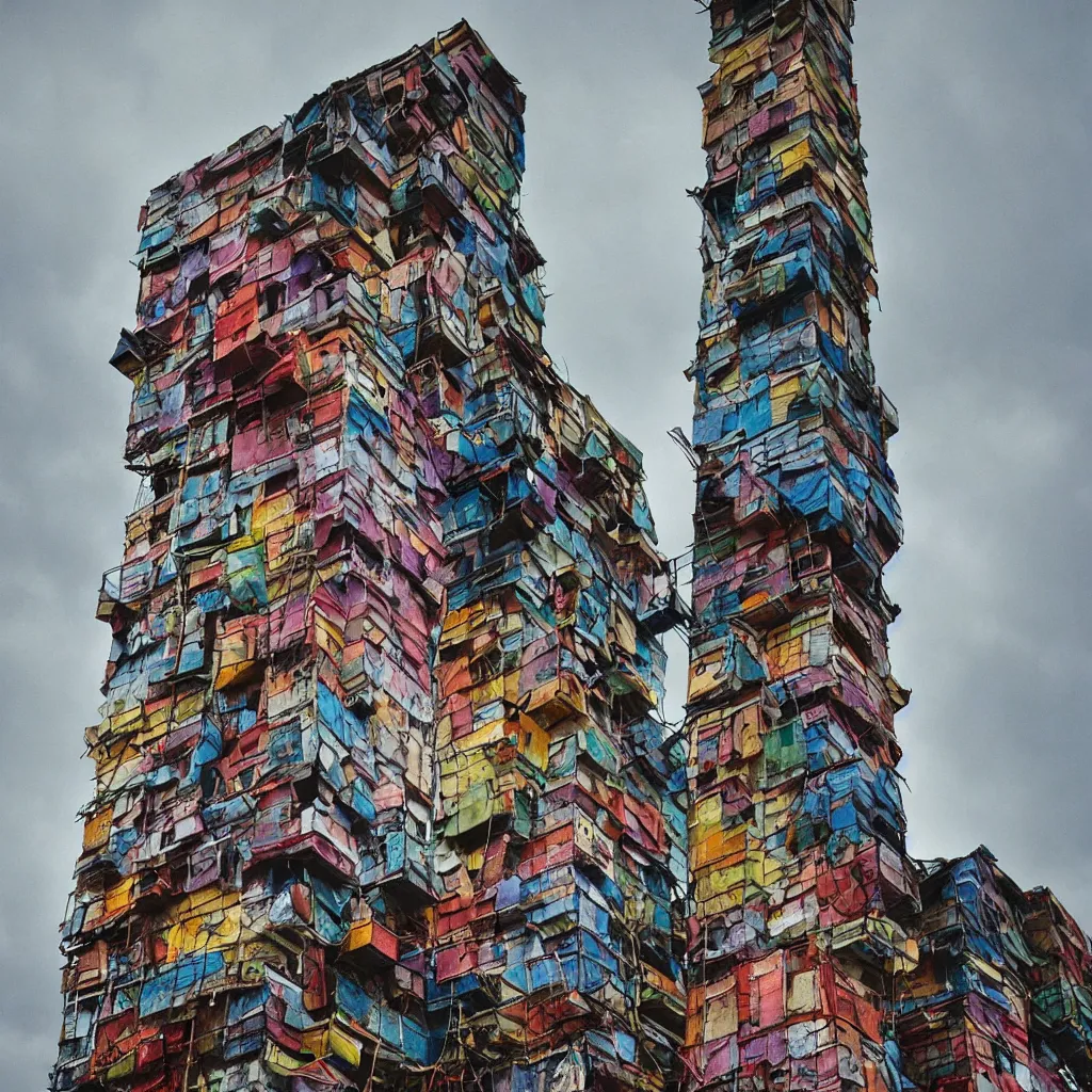 Prompt: close - up view of a tower made up of colourful makeshift squatter shacks, bleached colours, moody cloudy sky, dystopia, mamiya, f 1. 8, very detailed, photographed by bruno barbey and man ray