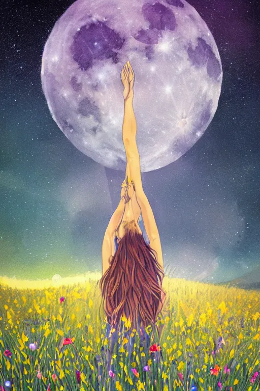 Prompt: breathtaking beautiful mystical illustration of a girl standing in a field of wild flowers gazing up at night sky, stars and milky way and moon, extreme foreshortening, bottom - up perspective, by akageno saru and thomke meyer and julia plath, trending on artstation, ballpoint - - n 9