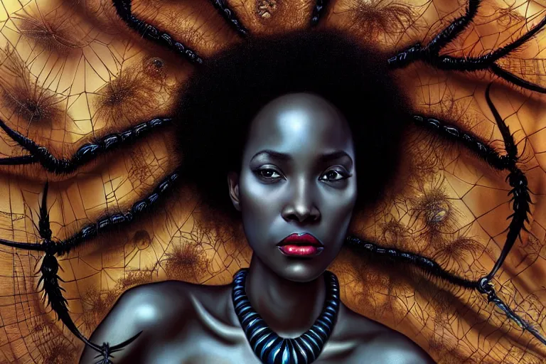 Image similar to realistic detailed closeup portrait movie shot of a beautiful black woman with a giant spider, dystopian city landscape background by denis villeneuve, amano, yves tanguy, alphonse mucha, max ernst, ernst haeckel, kehinde wiley, caravaggio, roger dean, cyber necklace, rich moody colours, sci fi patterns, wide angle