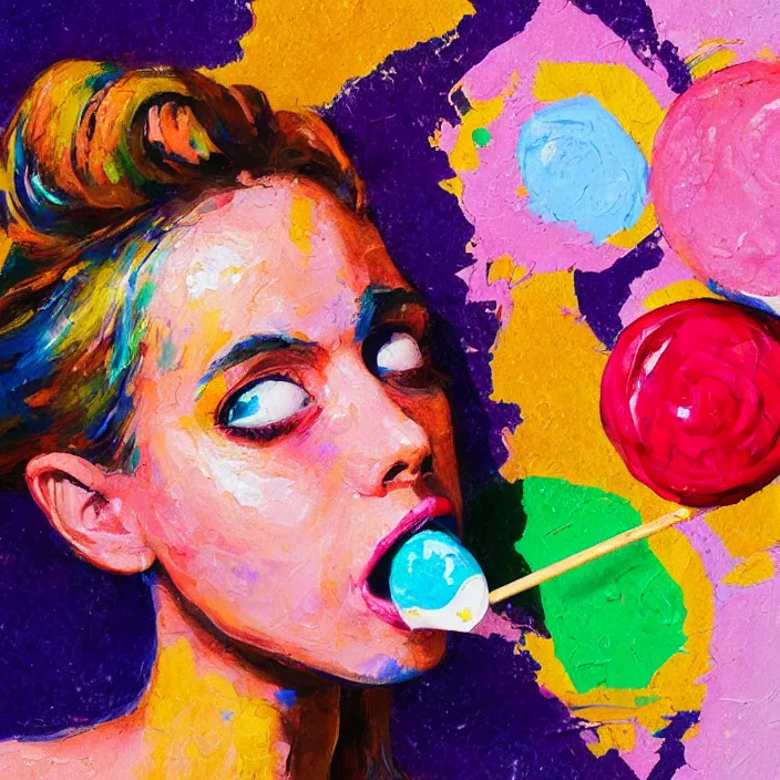 Image similar to portrait of beautiful woman licking a lollipop painted with colorful gouache impasto