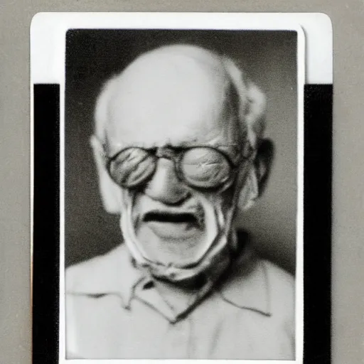 Image similar to a realistic polaroid photo of an old man after a failed experiment inside a laboratory, the head of the old man is dark, evil god, smoke, fire, demon, cursed, cosmic horror