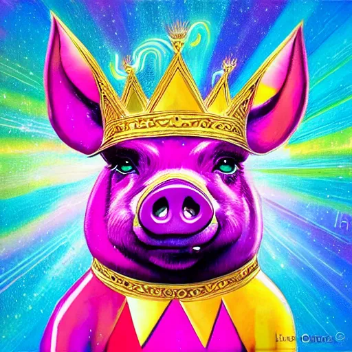 Image similar to lisa frank superhero pose pig wearing a gold crown holding 3d rectangles painting by android jones