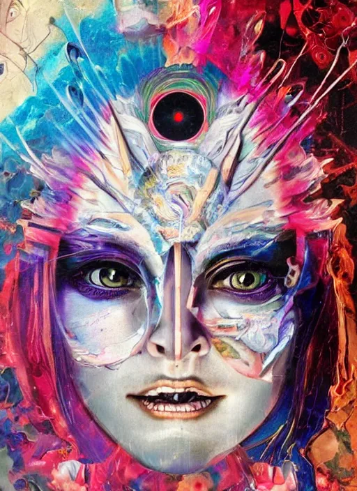 Prompt: collage of gorgeous magic cult psychic woman smiling, third eye, energetic consciousness psychedelic, epic surrealism expressionism symbolism, story telling, iconic, dark robed, oil painting, symmetrical face, dark myth mythos, by Sandra Chevrier, Noriyoshi Ohrai masterpiece cutout layering