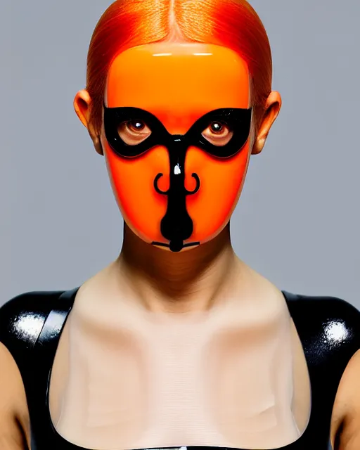 Image similar to symmetrical close - up portrait of a woman wearing a translucent silicone beauty mask and orange hair, wearing a black bodysuit by alexander mcqueen, black background, soft diffused light, biotechnology, humanoide robot, bjork aesthetic, translucent, by rineke dijkstra, intricate details, highly detailed, masterpiece,