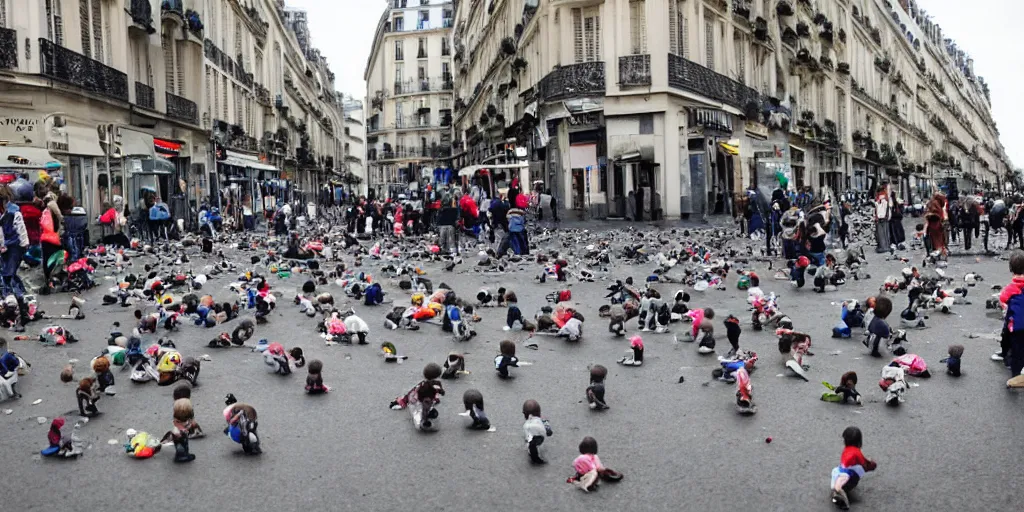 Prompt: million of babies crawling on the streets on paris, wide angle
