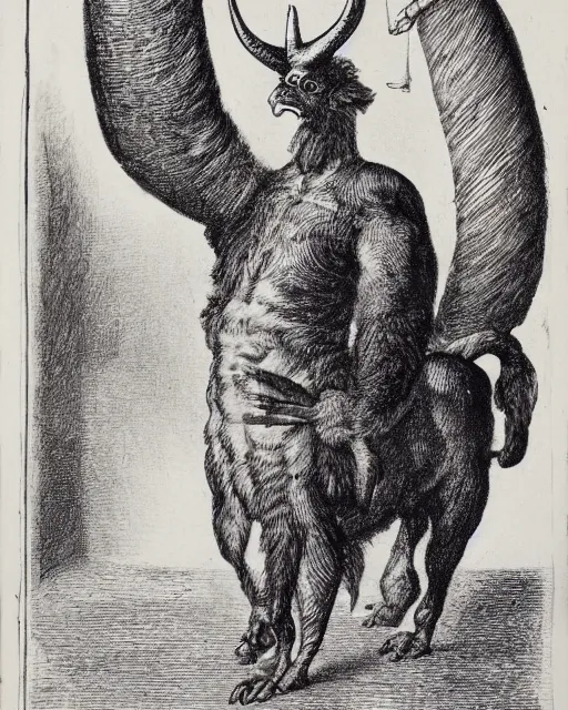 Image similar to a creature with the body and eyes of a man, with the beak of an eagle, the mane of a lion, and the horns of an ox. drawn by francis bacon