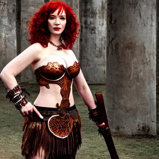 Image similar to full body photo of christina hendricks as an amazon warrior with weapons