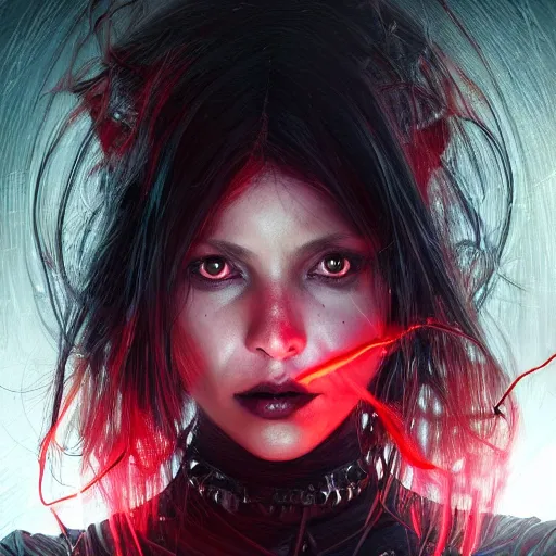 Image similar to Portrait of a dark witch using technology, dystopian, dark filaments, red glowing eyes, menacing, intimidating, frightening, intricate, headshot, highly detailed, digital painting, artstation, concept art, sharp focus, cinematic lighting, illustration, art by artgerm and greg rutkowski, alphonse mucha, cgsociety