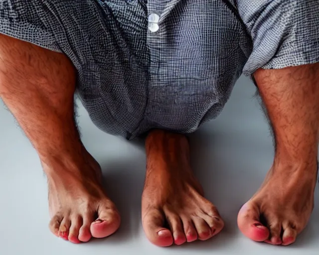 Prompt: mr robert smoke weed and meditate using his feet, he has dark grey hairs, detailed glad face, chest legs, visible belly, happy toes, golden hour closeup photo, red elegant shirt, eyes wide open, ymmm and that smell