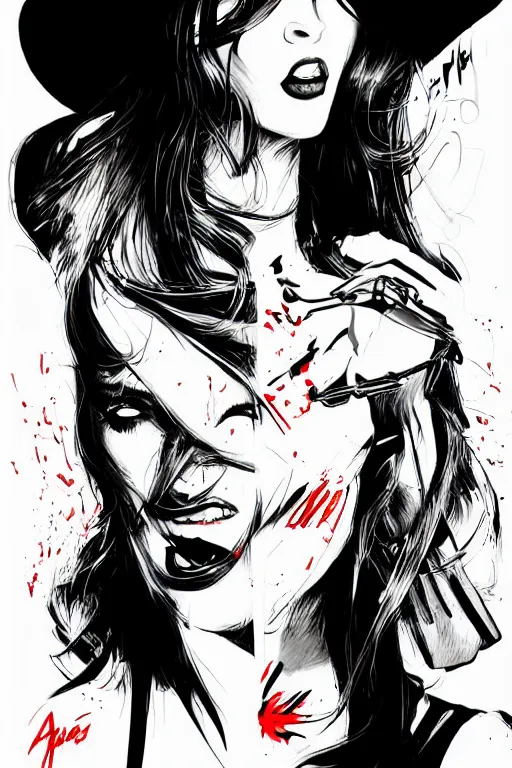 Prompt: dream of a film still from sin city, closeup portrait of film noir angry megan fox private detective wearing a hat, detailed illustration, digital art, trending on artstation, frank miller, martin ansin, action movie poster, red on black, graffiti, gta v,