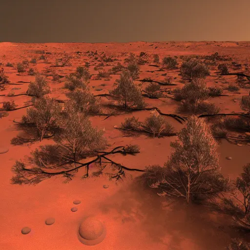 Image similar to mars surface with trees, 8 k, octane render, high details