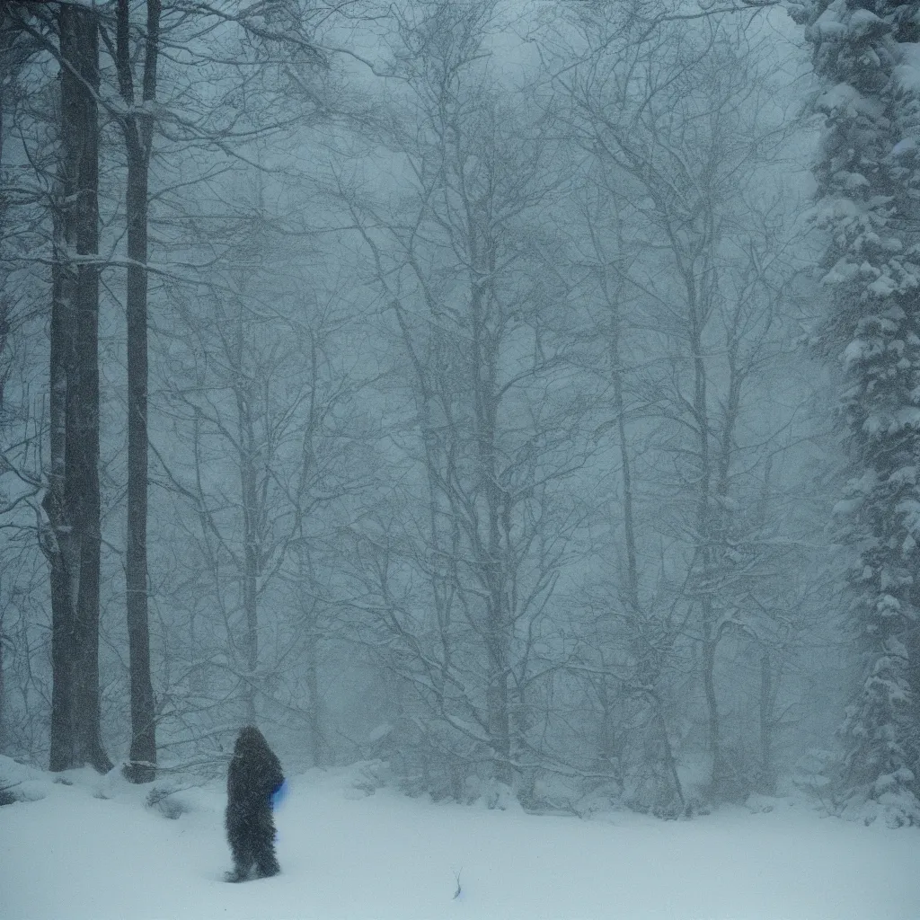 Image similar to photo, bigfoot is hiding in the background. cold color temperature, snow storm. hazy atmosphere. humidity haze. kodak ektachrome, greenish expired film, award winning, low contrast