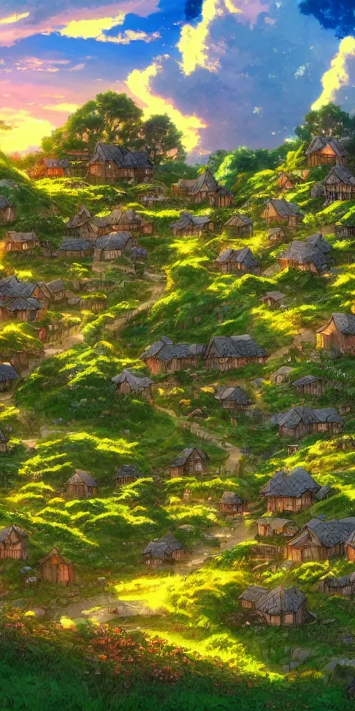 Image similar to anime screenshot wide-shot landscape hobbit village, Shire, beautiful ambiance, golden hour, studio ghibli style, by hayao miyazaki, sharp focus, highly detailed,