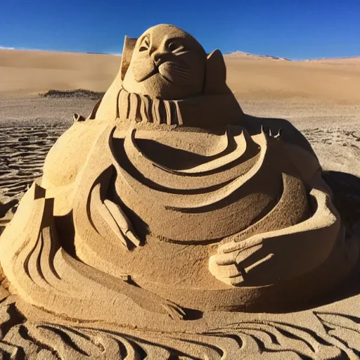 Prompt: sand sculpture of a cat, desert landscape