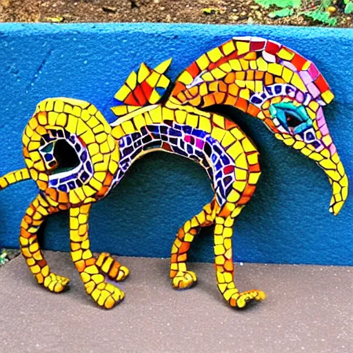 Image similar to mosaic sculpture of a alebrije chimera!!!, irregularly shaped mosaic tiles, hand glazed pottery shards, in the style of folk art, in a cottagecore flower garden