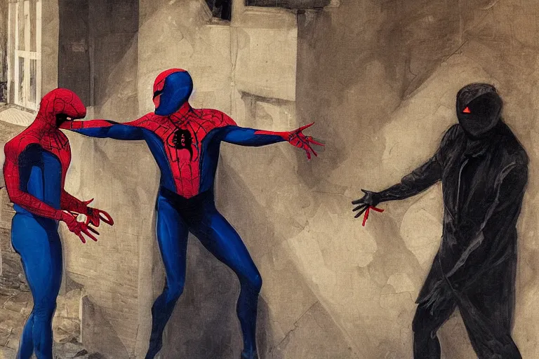 Prompt: three spidermans pointing at each other in an alley way, a portrait by francisco jose de goya, pexels, classical realism, studio portrait, dutch golden age, ilya kuvshinov