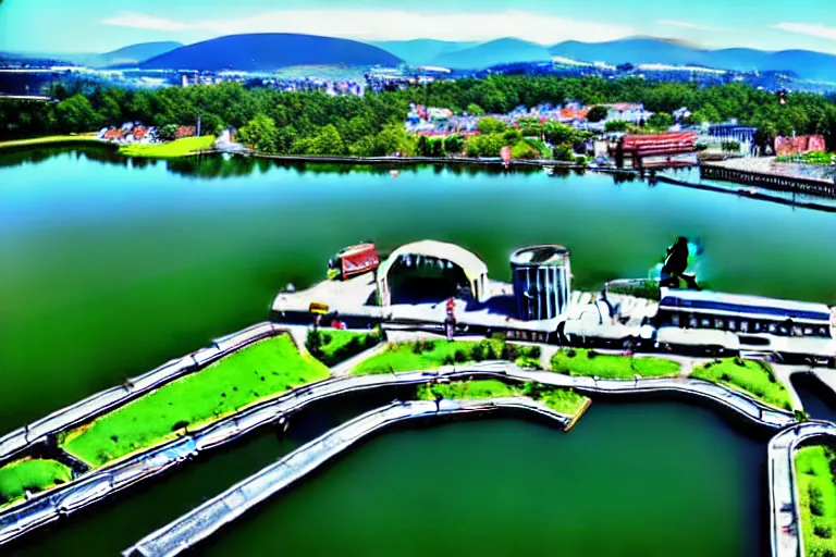 Image similar to bird's eye view photography of a small city. town hall, central farm, monorail station, inlet and shipping dock. hills, woods and pond to the north.