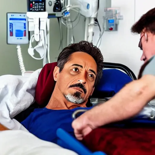 Image similar to iron man lying in a hospital bed getting treatment from doctor house