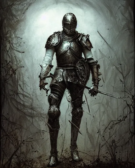 Image similar to a hyper realistic painting of a knight in armor made out of rotting metal, pale colors, fog, dark fantasy, cinematic lighting, nighttime, by rebecca guay