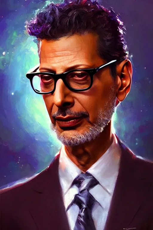 Prompt: jeff goldblum on a t - rex sun lights, painting by daniel gerhartz, alphonse murac, detailed art, artstation