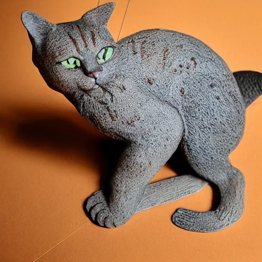 Image similar to medium - shot realistic slim clay cat, grey clay, full body, walking, rough, handmade, fingerprints on clay, masterpiece, artistic, museum, highly detailed, hq, by adam beane, by carl brenders