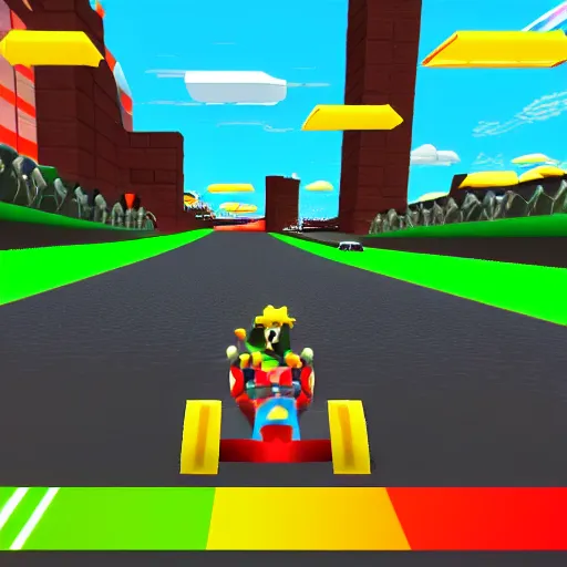 Image similar to thor on rainbow road, mario kart 6 4 screenshot, low poly, aliased