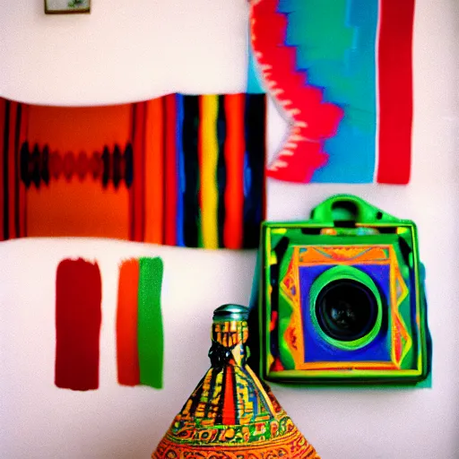 Image similar to a bright color photography of an ethnographic object in a white room, leica m 6