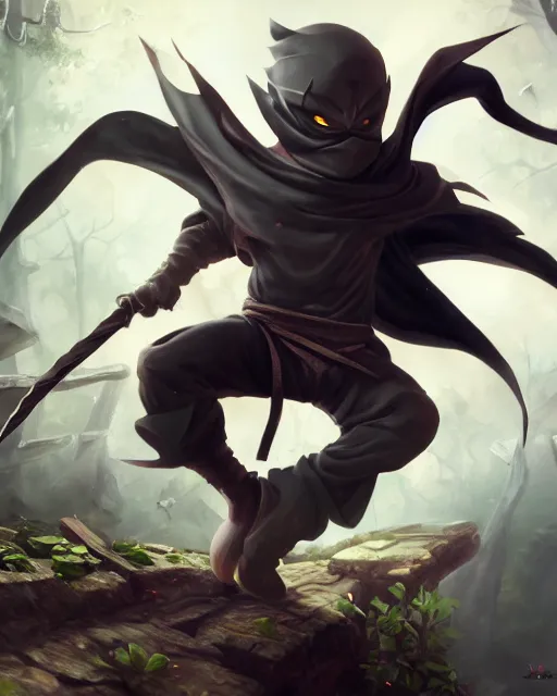 Prompt: oil painting of Anthropomorphized Angry cute chibi ninja, attacking, throwing shurikens, wearing black ninja suit, sharp focus, fantasy style, octane render, volumetric lighting, 8k high definition, by greg rutkowski, highly detailed, trending on art Station, magic the gathering artwork, magical forest background from MapleStory, centered