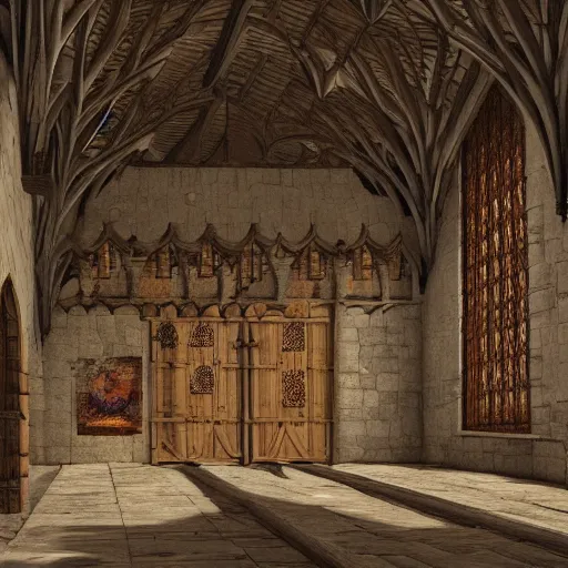 Image similar to medieval hall with king, royalty, courtisans, monks, artstation, fantasy, high details, digital art