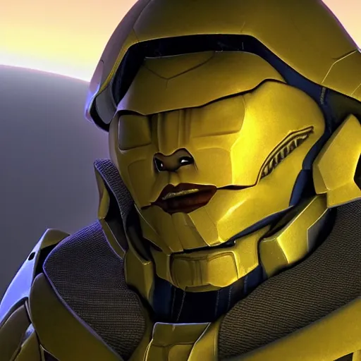 Prompt: a cg painting of the prophet of truth from halo in the bee movie