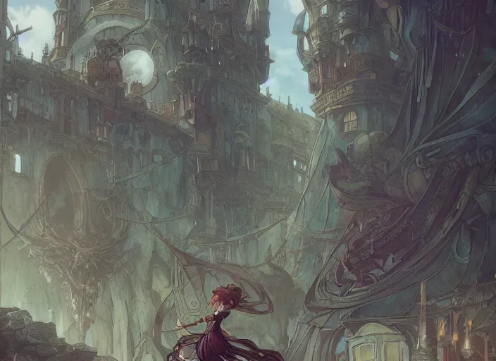 Image similar to pagan building, anime, studio ghibli, concept art, mucha, unreal engine, peter mohrbacher, makoto shinkai, 8 k, art nouveau, castle, japanese mythology, elegant