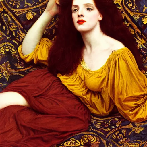 Prompt: preraphaelite photography reclining on bed, a hybrid of judy garland and lene lovich, aged 2 5, big brown fringe, yellow ochre ornate medieval dress, john william waterhouse, kilian eng, rosetti, john everett millais, william holman hunt, william morris, 4 k