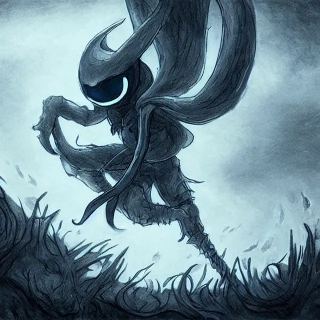 Prompt: elden ring charcter in the style of hollow knight