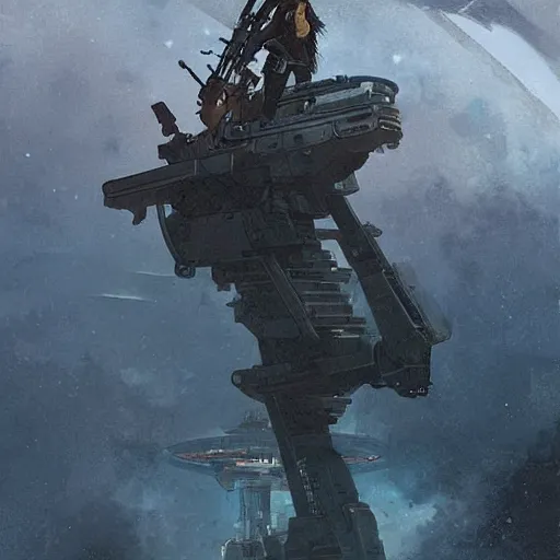 Image similar to a pirate holding a machine gun standing on top of a space ship, art by greg rutkowski