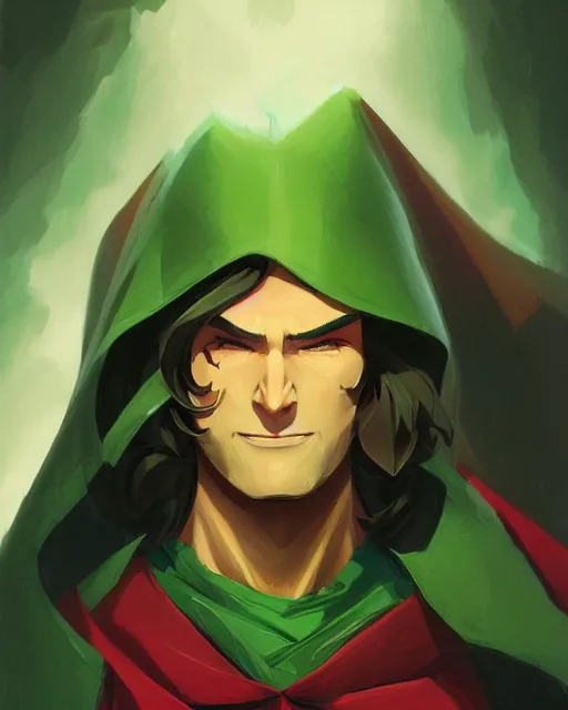 Image similar to a handsome man with dark medium long hair in curtain, he wears a green cape with hood off, game design fanart by concept artist gervasio canda, behance hd by jesper ejsing, by rhads, makoto shinkai and lois van baarle, ilya kuvshinov