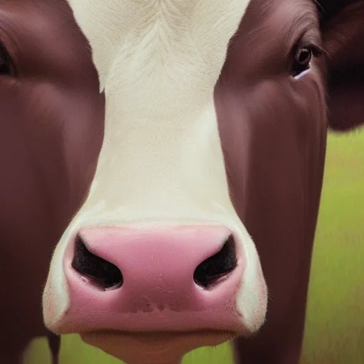 Image similar to portrait of a cow with the face of a man, hyper detailed, 3 / 4 shot, digital art, trending in artstation, cinematic lighting, studio quality, smooth render, unreal engine 5 rendered, octane rendered, art style by klimt and nixeu and ian sprigger and wlop and krenz cushart