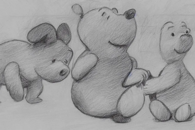 Image similar to winnie the pooh and piglet eating a bacon sandwich, pencil sketch, high detail, hyper realistic,