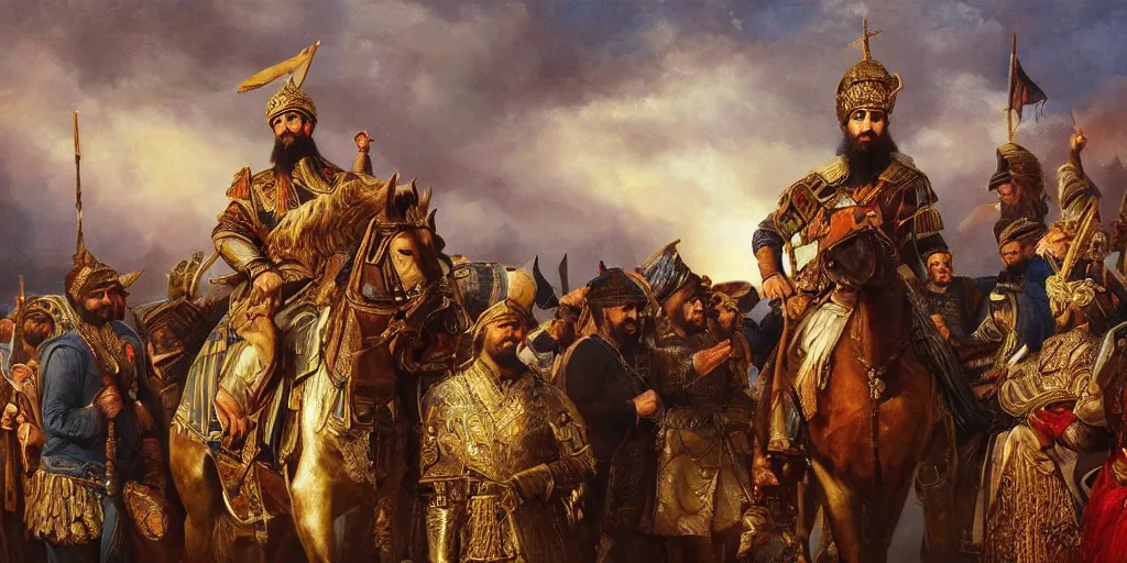 Image similar to Highly detailed and cinematic romantic period oil painting of the Persian king Cyrus the great, strong atmosphere, oil painting masterpiece by Josep Tapiró Baró, symmetry, fractals