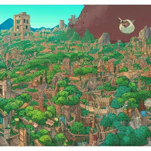 Prompt: cell shaded adult animation, a birds eye view overlooking a walled off ancient fantasy city being attacked by horrific monsters, surrounded by mountains and trees of greens and browns, rivers, concept art by josan gonzales and wlop, Laurie Greasley, Bekinski and james jean, highly detailed, sharp focus, Trending on Artstation, HQ, deviantart, art by artgem