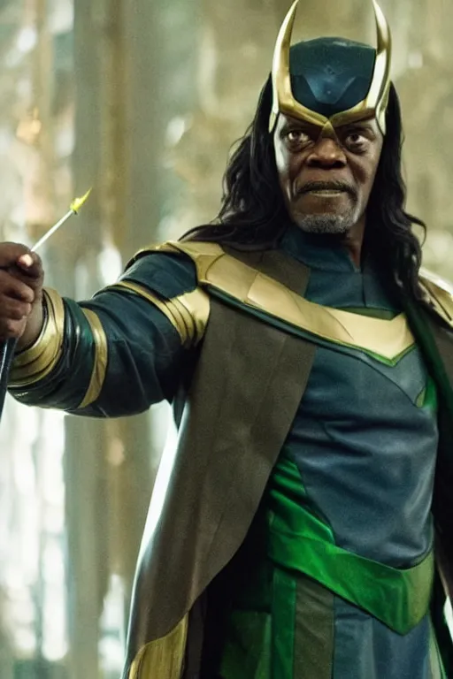 Image similar to film still of Samuel L Jackson as Loki, wearing Loki Helmet, wielding a powerful magical staff, in new Avengers film