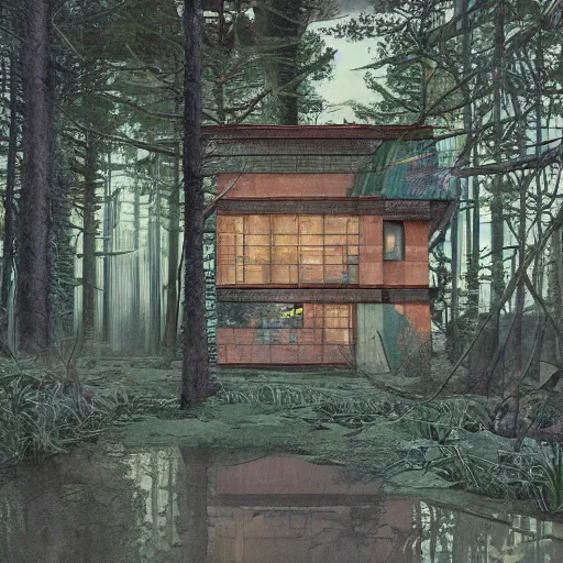 Prompt: a post - modern building in the woods. highly detailed, digital painting, watercolor, soviet realism, engraving, artstation, concept art, smooth, sharp focus, vivid grunge, manga, illustration, unreal engine 5, 8 k, art by bilibin and kuvshinov and malevich and mucha