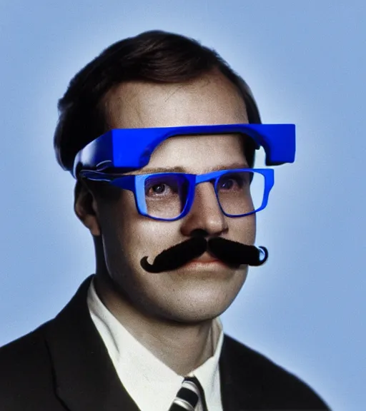 Prompt: 1 9 8 0 s photo of high school janitor with smart glasses and a mustache, realistic photo, blue cloudy backdrop