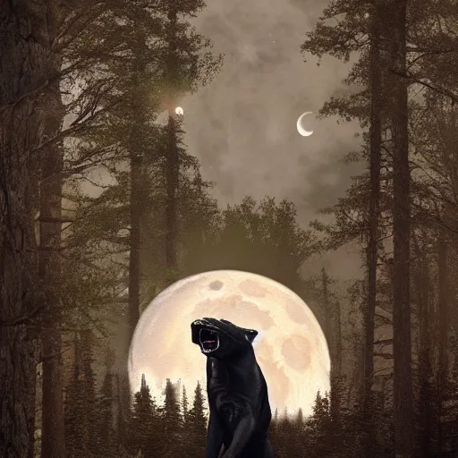 Image similar to a panther roaring at the moon in a forest during the night, large moon in the center. trending on artstation. cinematic. photoreal. dark colors. night.